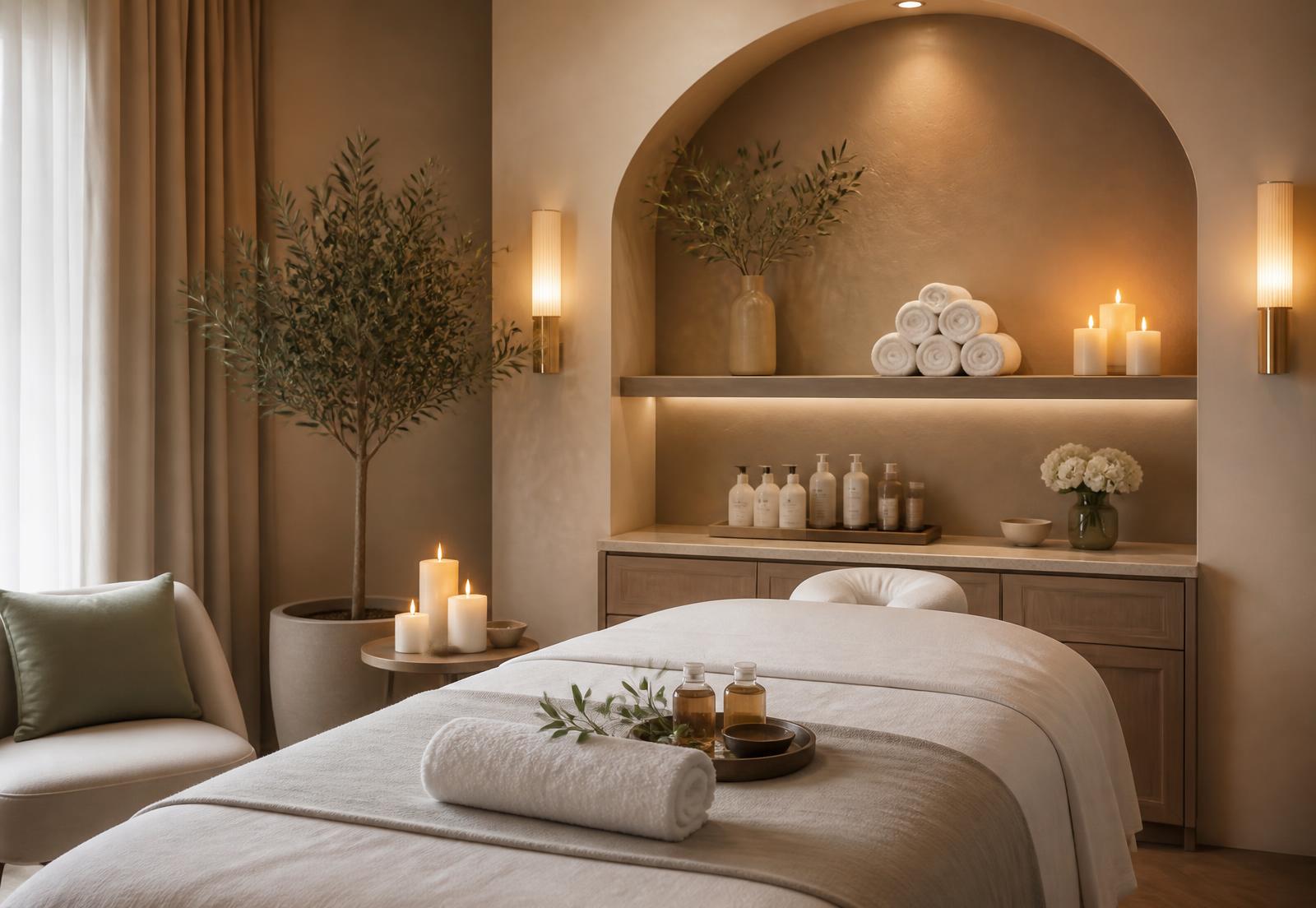 Cabina estetica accogliente con candele e asciugamani bianchi